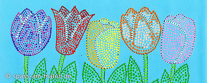 Mit Dot-Painting gestaltetes Tulpenbild zum Blumen malen in der Grundschule