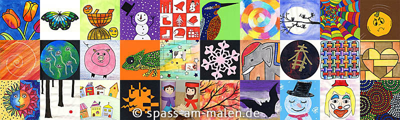 Collage verschiedener selbstgemalter Kunstwerke aus dem Kunstunterricht der Grundschule