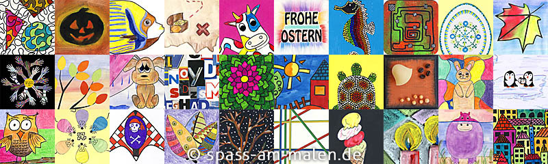 Collage verschiedener selbstgemalter Kunstwerke aus dem Kunstunterricht der Grundschule