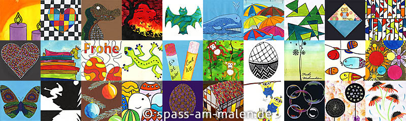 Collage verschiedener selbstgemalter Kunstwerke aus dem Kunstunterricht der Grundschule
