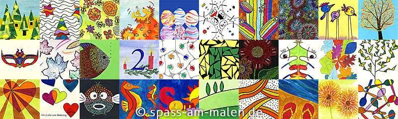 Collage verschiedener selbstgemalter Kunstwerke aus dem Kunstunterricht der Grundschule