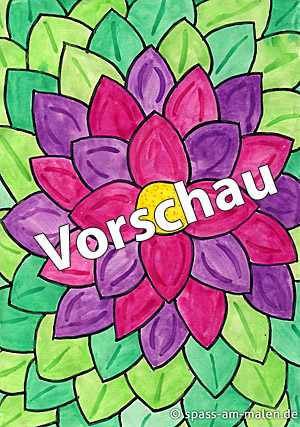 Mit Wasserfarben gemalte bunte Fantasieblume mit vielen Blütenblättern als Kunstprojekt für die Grundschule