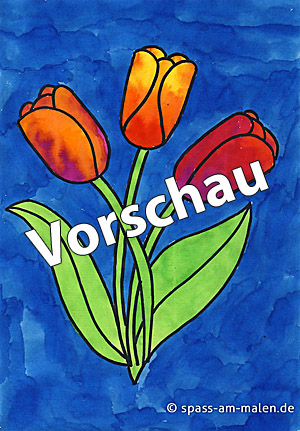 Gemaltes Tulpenbild mit drei roten Tulpen und grünen Blättern als Kunstprojekt für die Grundschule